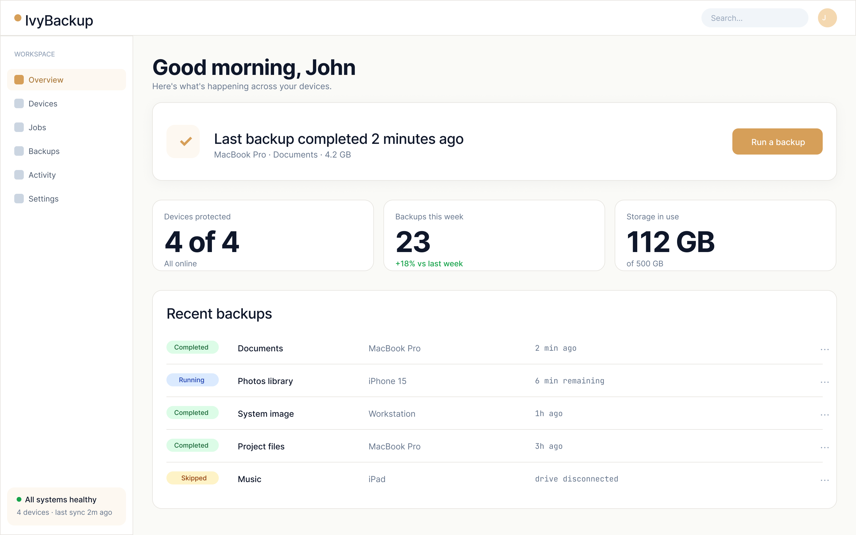 IvyBackup web dashboard